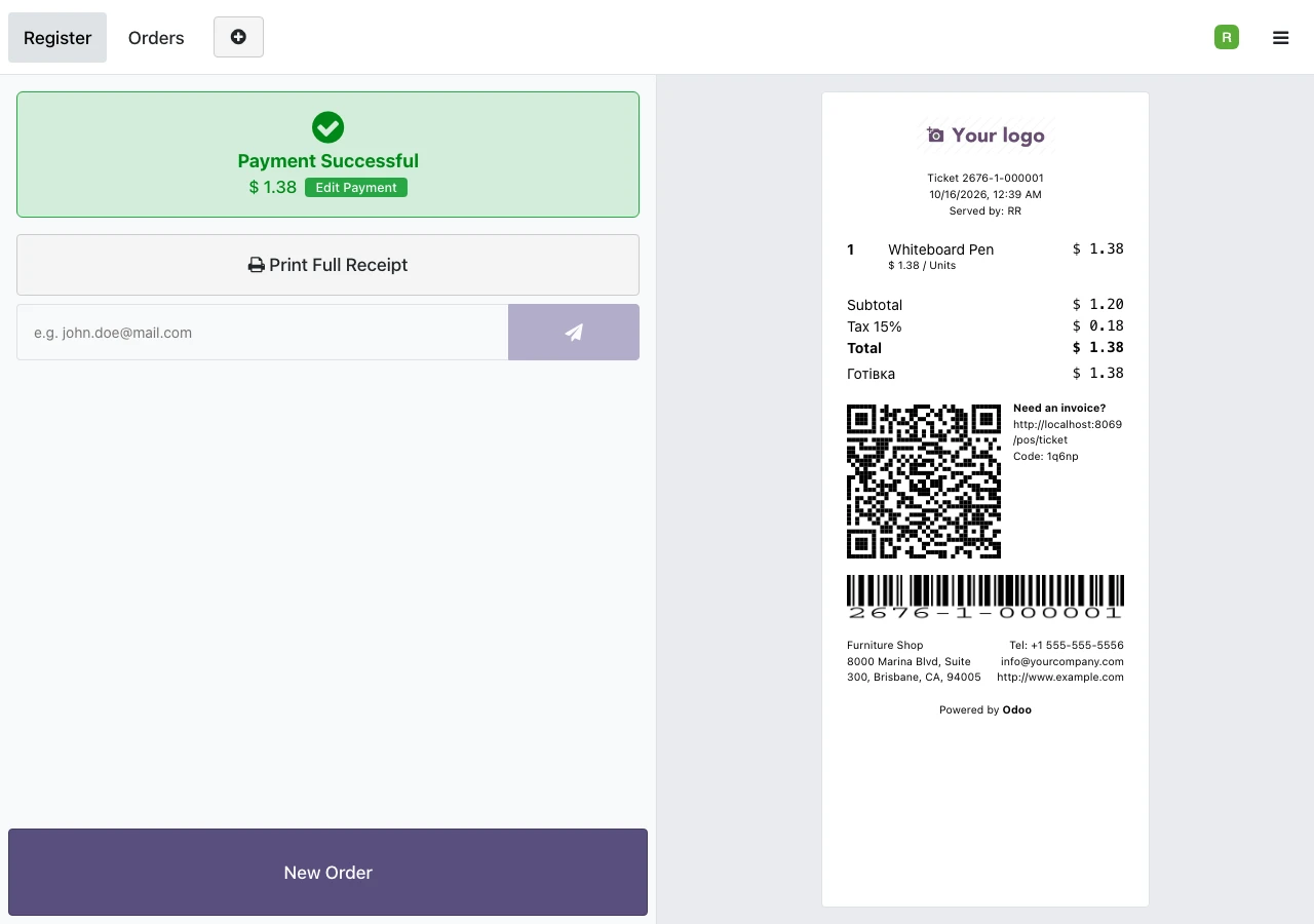 Номер замовлення штрихкодом на чеку Odoo