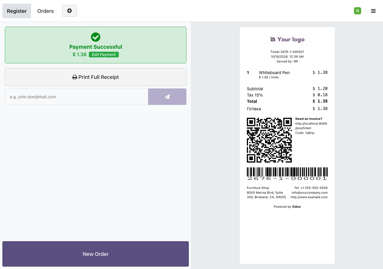 Чек Odoo з номером замовлення, надрукованим штрихкодом унизу