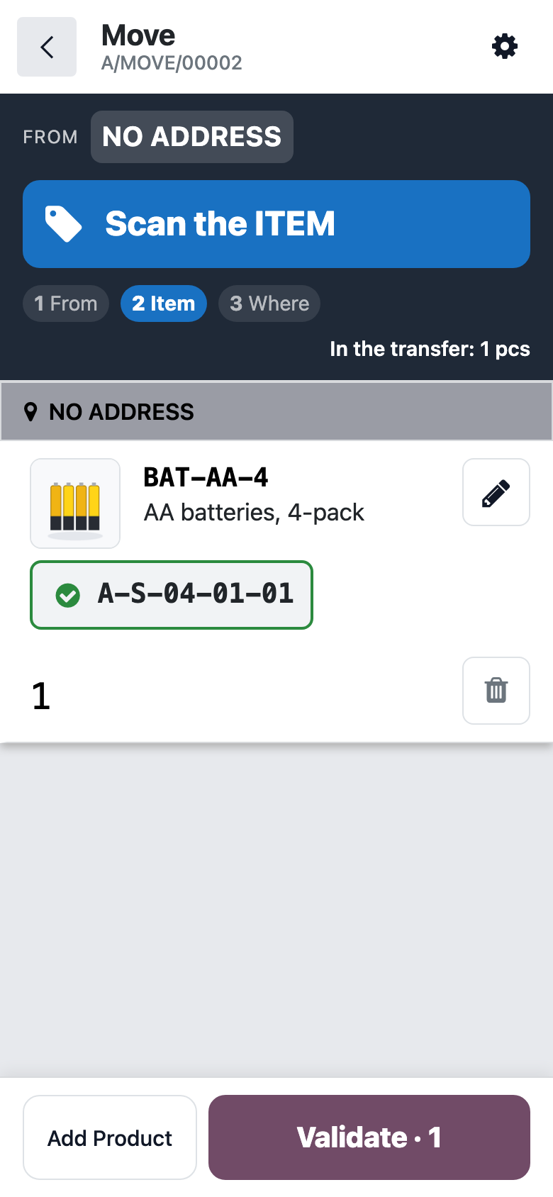 The scanner at the "Scan the ITEM" step, with the item's home bin shown